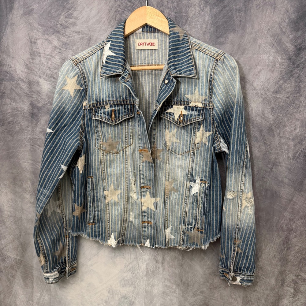 Driftwood Blue Star Pinstripe Distressed Denim Jacket Med Western Y2K Festival